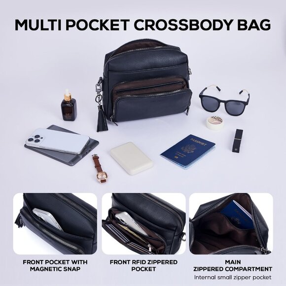 Versatile Vegan Leather Crossbody Bag: RFID Protection, 4 Pockets, Adjustable - Picture 4 of 7